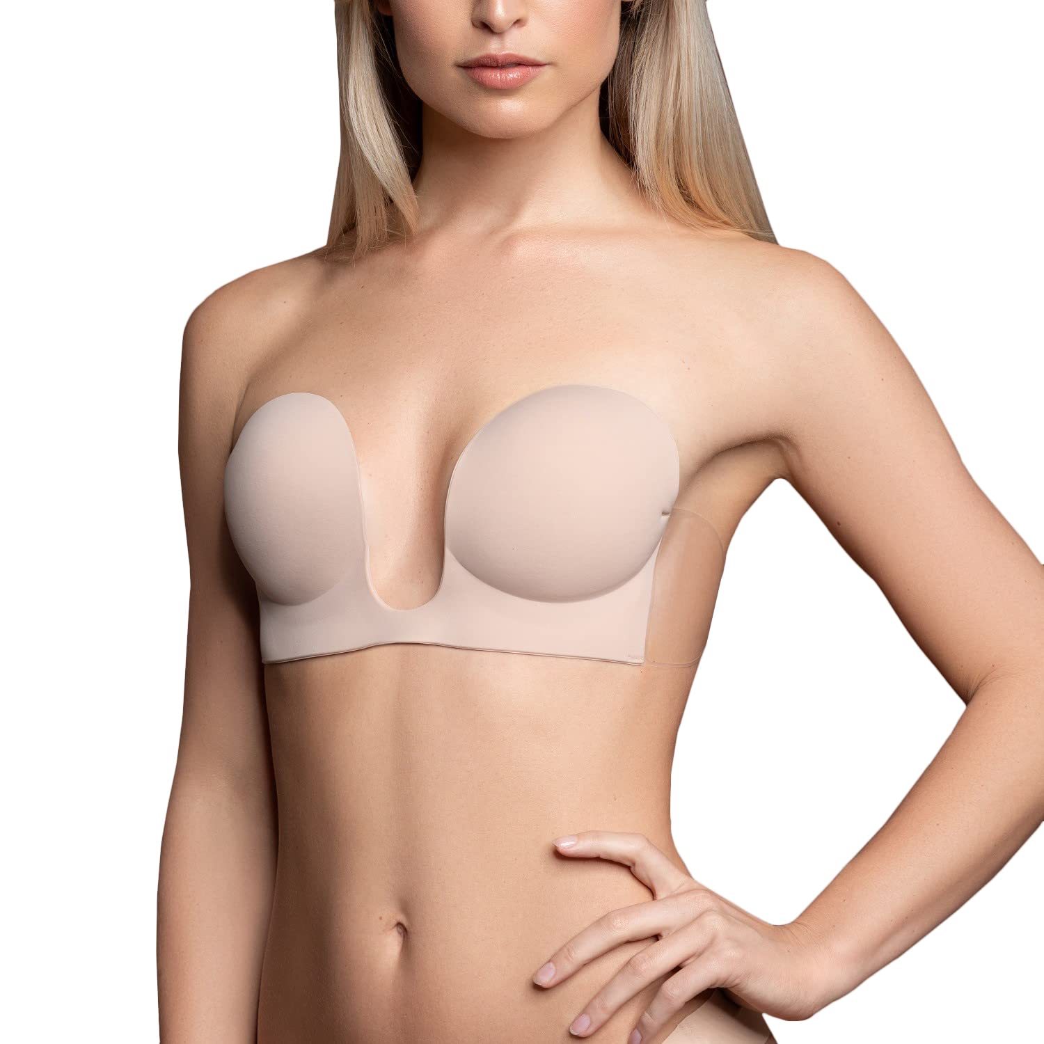 Bye Bra Seamless U-Style Bra, Invisible Adhesive Plunge Bra, Strapless and Backless, Push up Effect, for Deep V and Low Cut necklines, Nude and Black, A-E (Beige, Cup E)