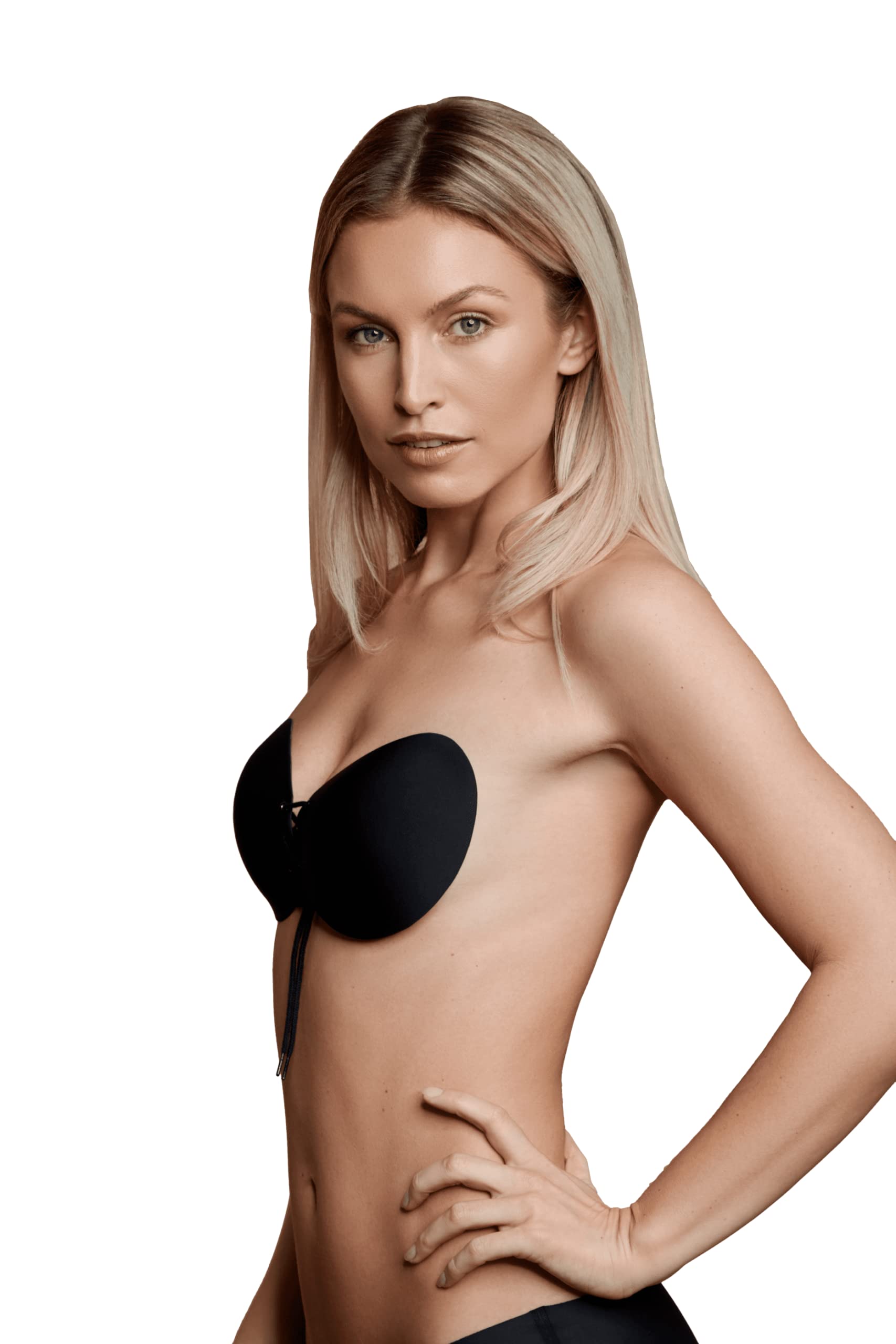 Bye Bra Strapless Round Lace-it bra, Invisible Adhesive Push-up bra with Drawstring, Adjustable and Backless, for Perfect Cleavage, Nude and Black, A-E (Black, Cup B)