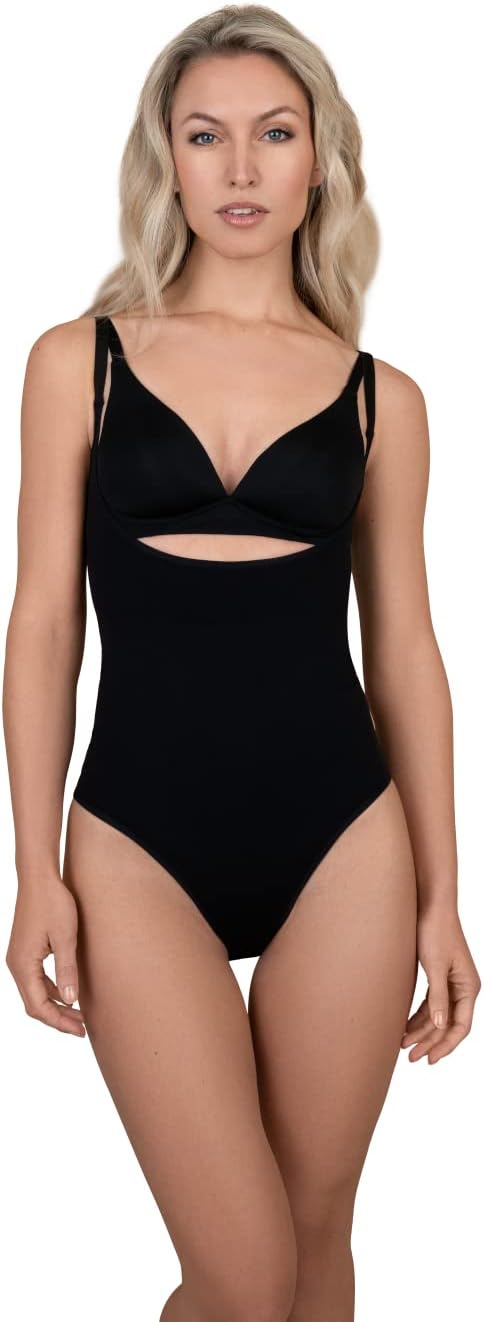 Bye Bra Soft Touch Bodysuit, Open Bust, Adjustable Straps, Button Closure, Comforting, Tummy Control, High Intensity, Seamless, S-XXL, Beige/Black, L