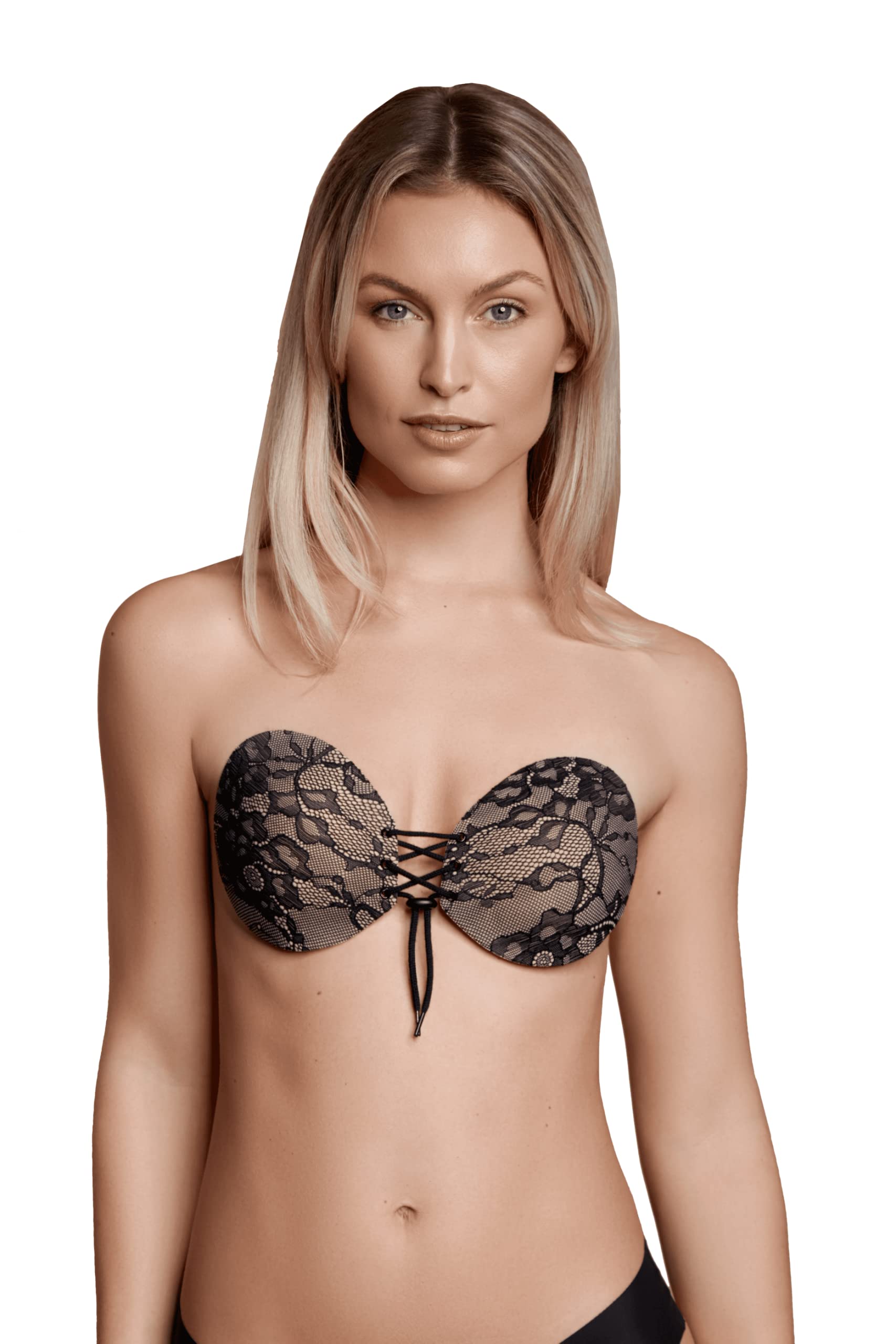 Bye Bra Strapless Round Lace-it Bra with lace Detailing, Invisible Adhesive Push-up Bra with Drawstring, Adjustable and Backless, for Perfect Cleavage, Cup Sizes: A-E (Cup B)