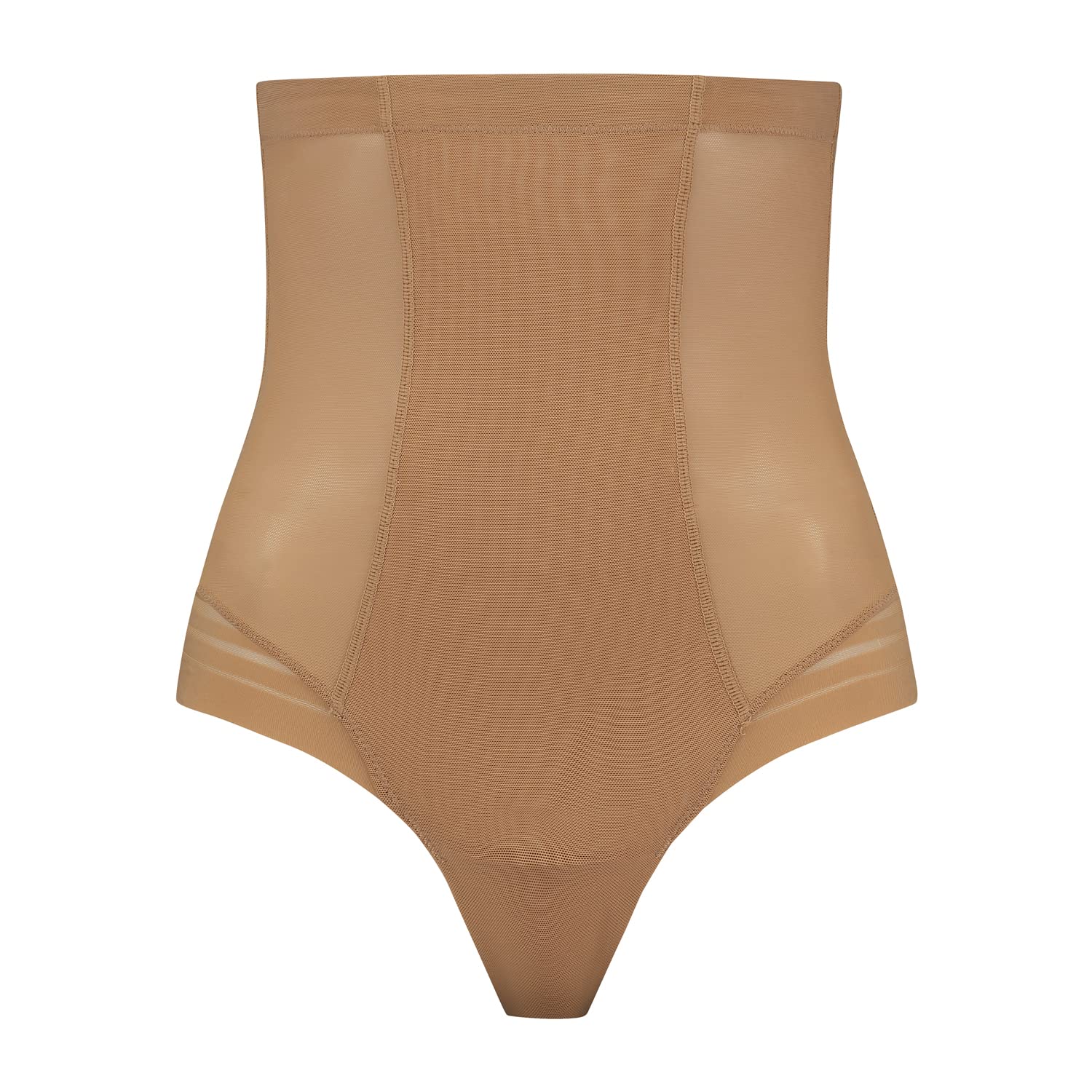 Bye Bra Powermesh High Waist Thong, High Control, Double-Layer Front Panel, Cotton Crutch, Silicone Strap, Shapewear For Women, Powermesh Shapewear, Light Brown, L