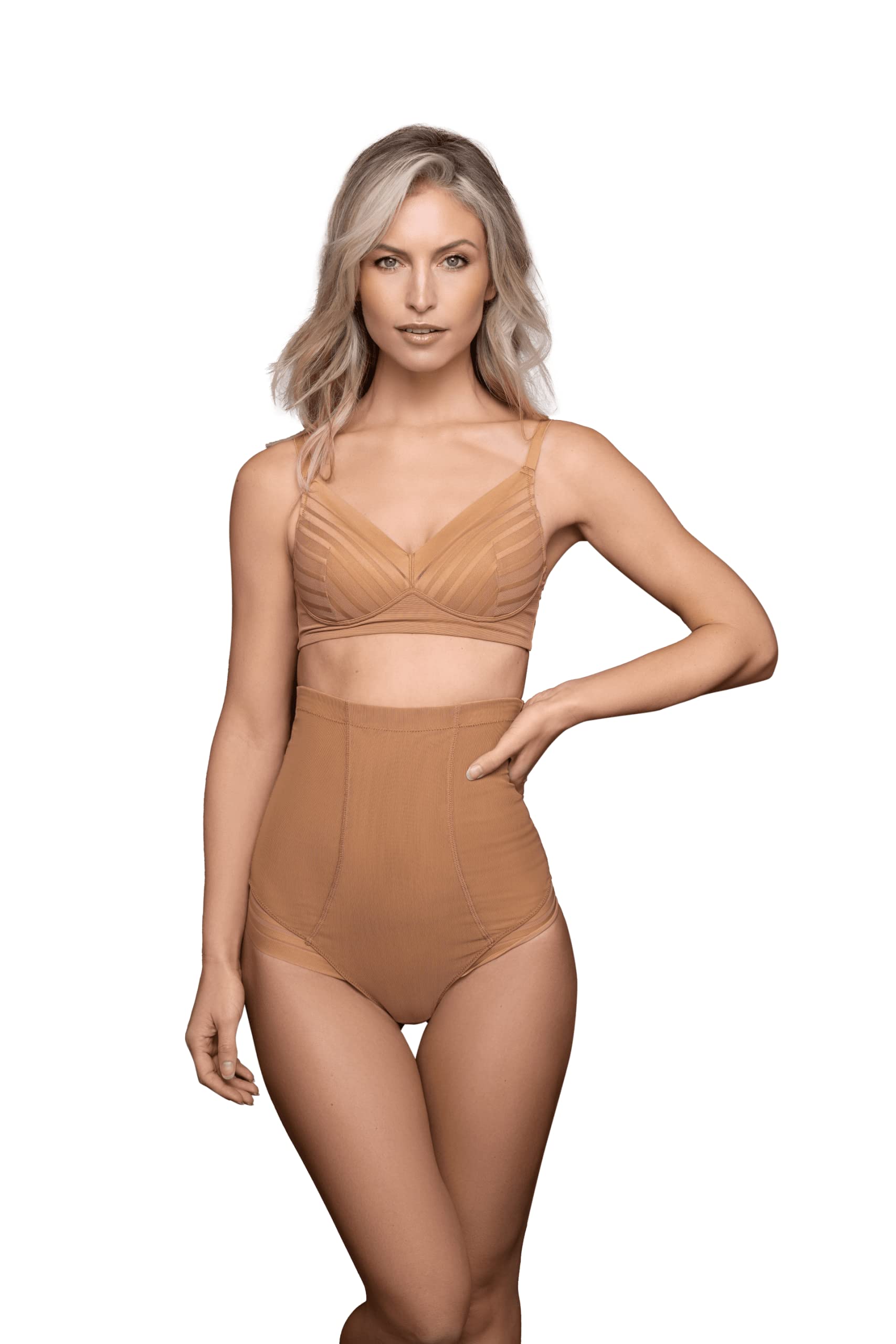 Bye Bra Powermesh High Waist Thong, High Control, Double-Layer Front Panel, Cotton Crutch, Silicone Strap, Shapewear For Women, Powermesh Shapewear, Light Brown, S