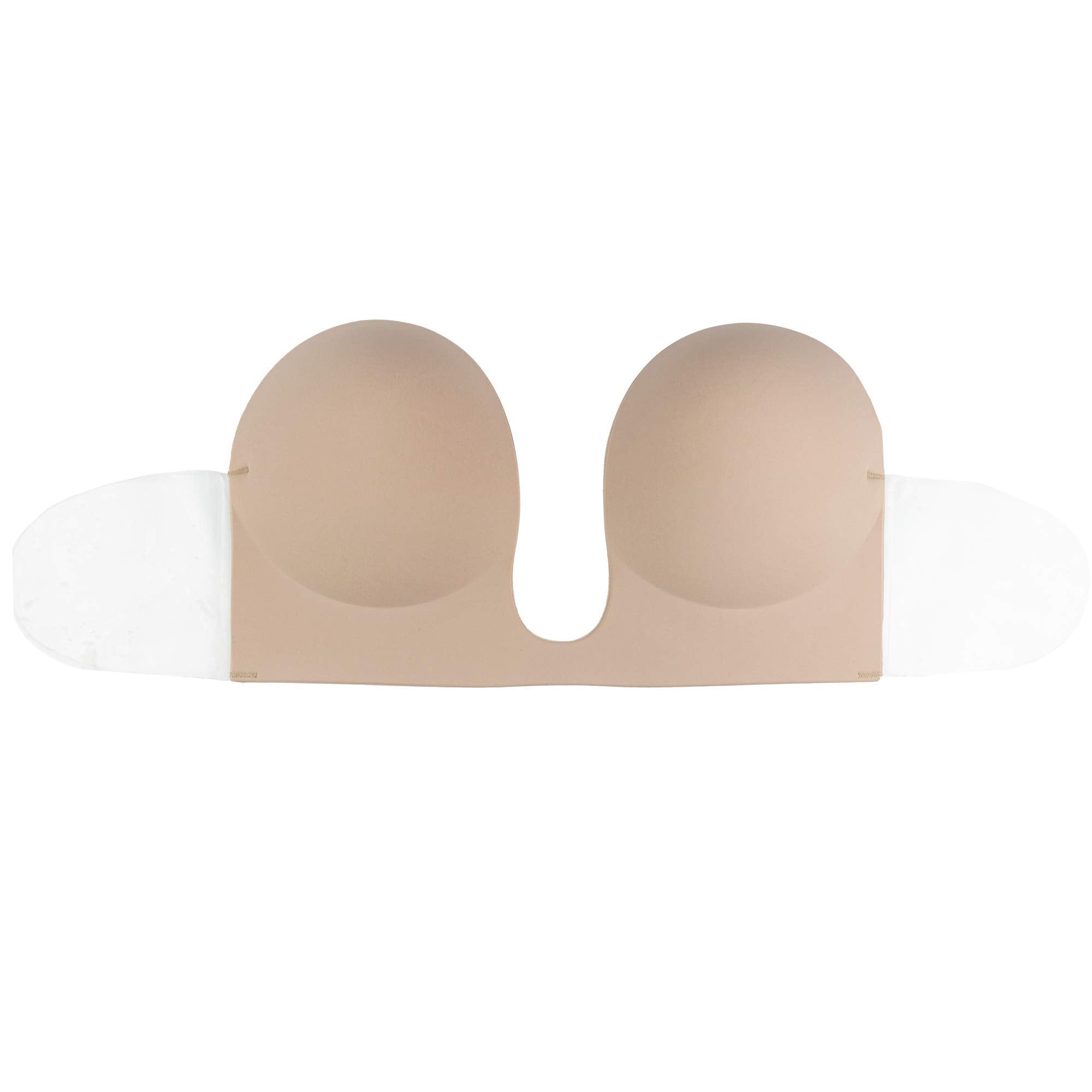 Bye Bra Seamless U-Style Bra, Invisible Adhesive Plunge Bra, Strapless and Backless, Push up Effect, for Deep V and Low Cut necklines, Nude and Black, A-E (Beige, Cup C)