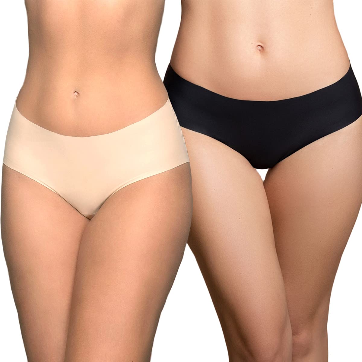 Bye Bra Invisible Hipster Panties, High Waist, Seamless Bikini, No Stiching, No Panty Line, Smooth Edges, 2 Pack, Sizes: S,M,L, Beige and Black (XXL)