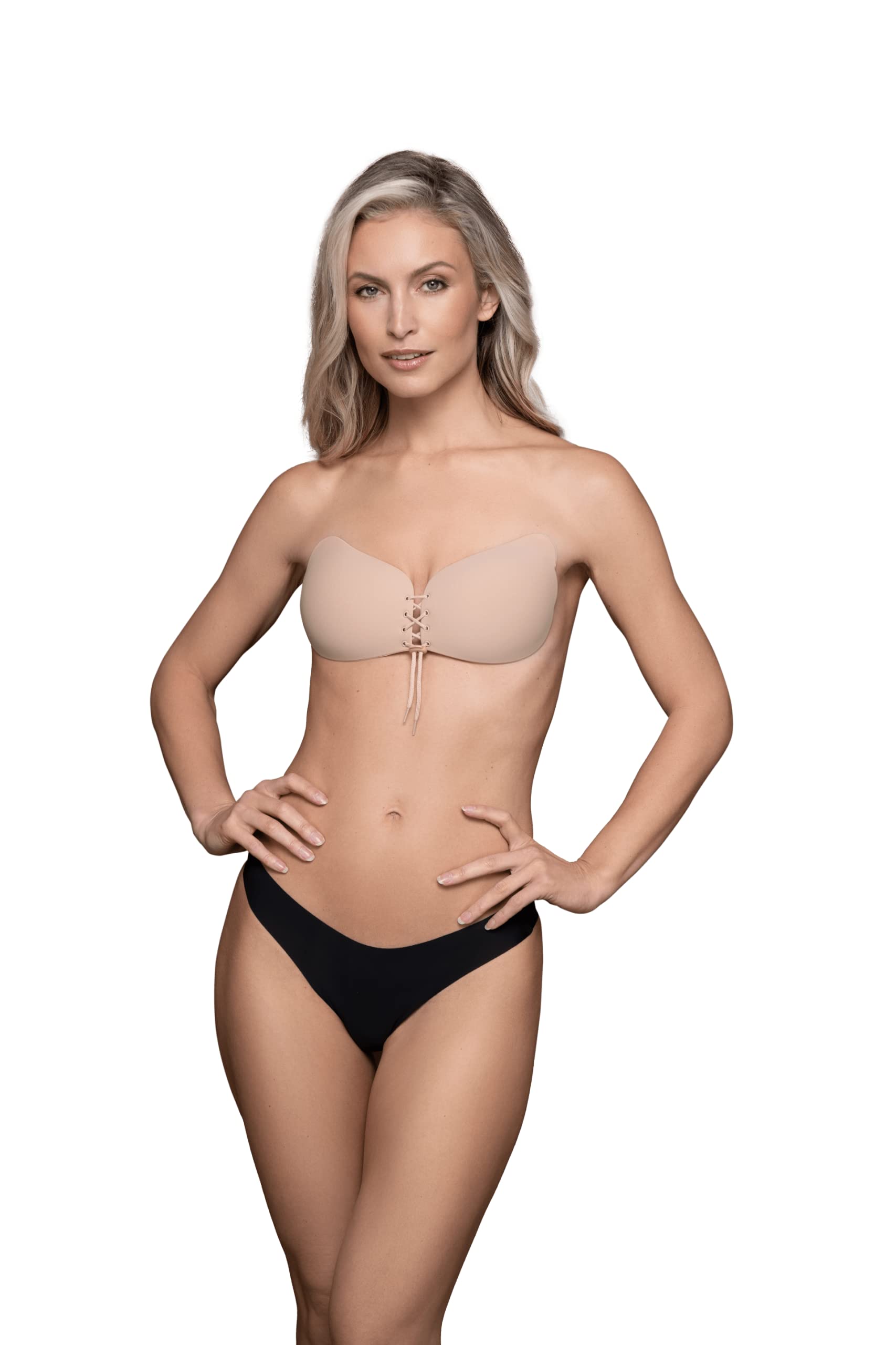 Bye Bra Lace-It Bra Adhesive Push-up Bra, Seamless Self-Adhesive Bra Adjustable Sticky Bra, Strapless and Backless with Front Fastening String, Cup Sizes: A-E in Beige, Black or White