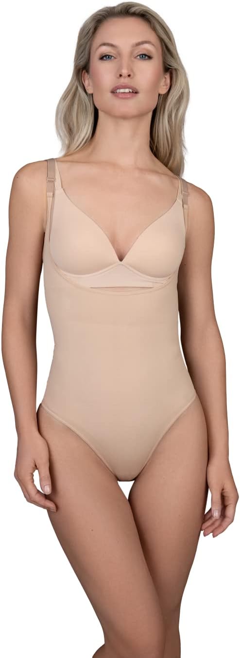 Bye Bra Soft Touch Bodysuit, Open Bust, Adjustable Straps, Button Closure, Comforting, Tummy Control, High Intensity, Seamless, S-XXL, Beige/Black, Beige, L