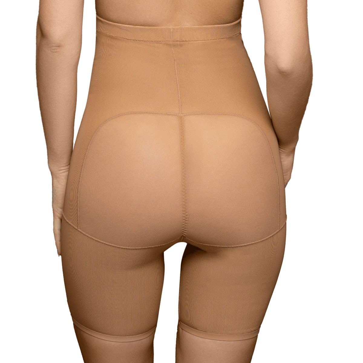 Bye Bra Powermesh High Waist Short, High Control, Double-Layer Front Panel, Cotton Crutch, Silicone Strap, Bonded Leg Edges, Shapewear For Women, Powermesh Shapewear, Light Brown, M