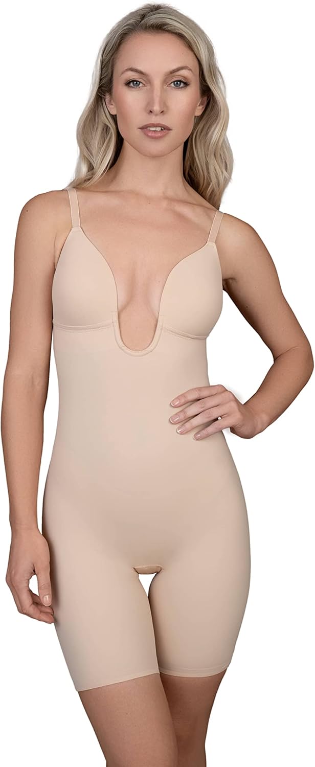 Bye Bra Deep V Body Shaper, Laser Cut Edges, Silicone Straps, Wirefree Cups, Shapewear for Women, Medium Size, Carved Collection, Beige/
