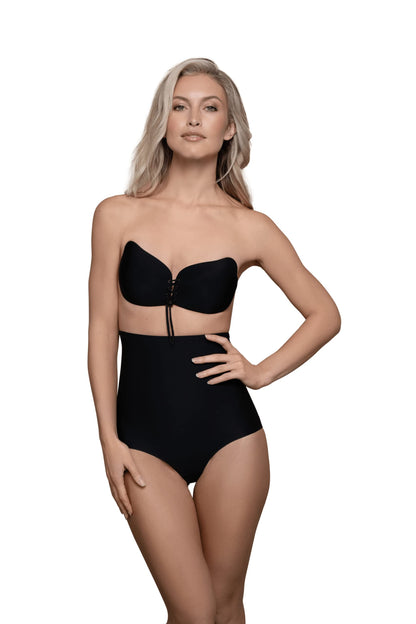 Bye Bra Lace-It Bra Adhesive Push-up Bra, Seamless Self-Adhesive Bra Adjustable Sticky Bra, Strapless and Backless with Front Fastening String, Cup Sizes: A-E in Beige, Black or White (Black, C)