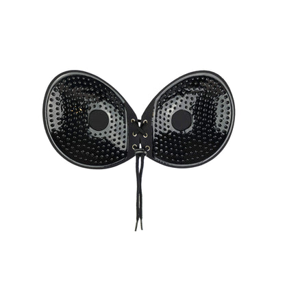 Bye Bra Strapless Round Lace-it Bra, Invisible Adhesive Push-up Bra with Drawstring, Adjustable and Backless, for Perfect Cleavage, Nude and Black, A-E (Black, Cup E)