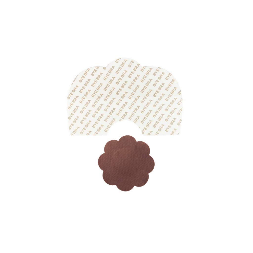 Bye Bra Adhesive Breast Lift Tapes, Bra Stickers, Boob Tape, Cleavage Enhancement - Size: D-F with Dark Silk Nipple Covers 3 Single-use Pairs Brown