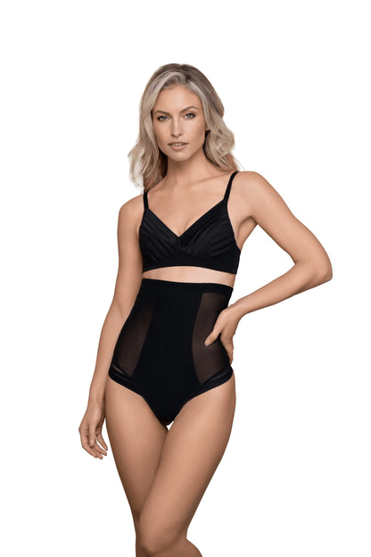 Bye Bra Powermesh High Waist Thong, High Control, Double-Layer Front Panel, Cotton Crutch, Silicone Strap, Shapewear For Women, Powermesh Shapewear