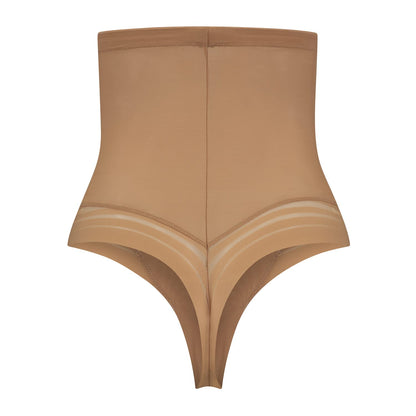 Bye Bra Powermesh High Waist Thong, High Control, Double-Layer Front Panel, Cotton Crutch, Silicone Strap, Shapewear For Women, Powermesh Shapewear