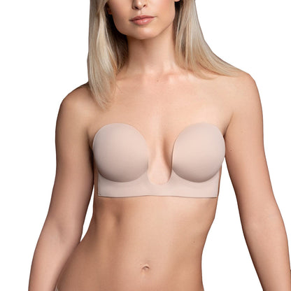 Bye Bra Seamless U-Style Bra, Invisible Adhesive Plunge Bra, Strapless and Backless, Push up Effect, for Deep V and Low Cut necklines, Nude and Black, A-E (Beige, Cup C)