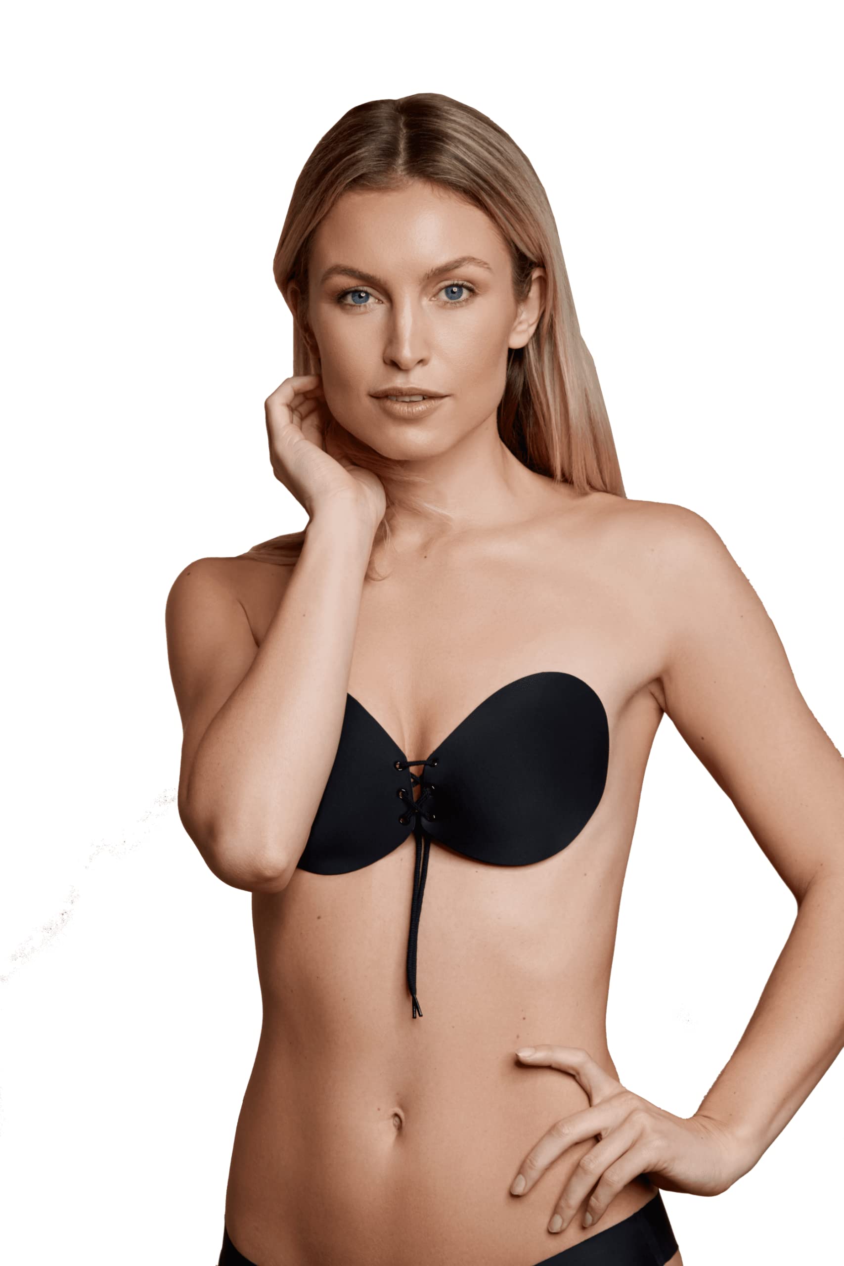 Bye Bra Strapless Round Lace-it bra, Invisible Adhesive Push-up bra with Drawstring, Adjustable and Backless, for Perfect Cleavage, Nude and Black, A-E (Black, Cup B)