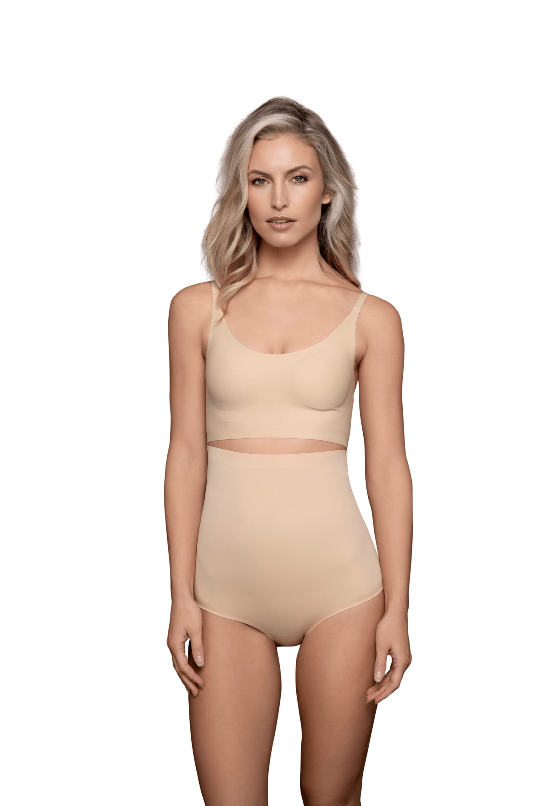 Bye Bra Invisible high waist brief, Seamless Shapewear, light tummy control knickers, Smooth Shaping Comfortable Underwear, Nude and Black, S-XL (Beige, L)