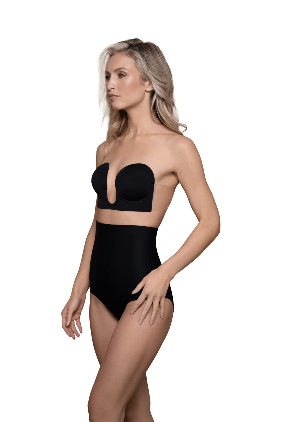 Bye Bra Seamless U-Style Bra, Invisible Adhesive Plunge Bra, Strapless and Backless, Push up Effect, for Deep V and Low Cut necklines, Nude and Black, A-E (Black, Cup A)