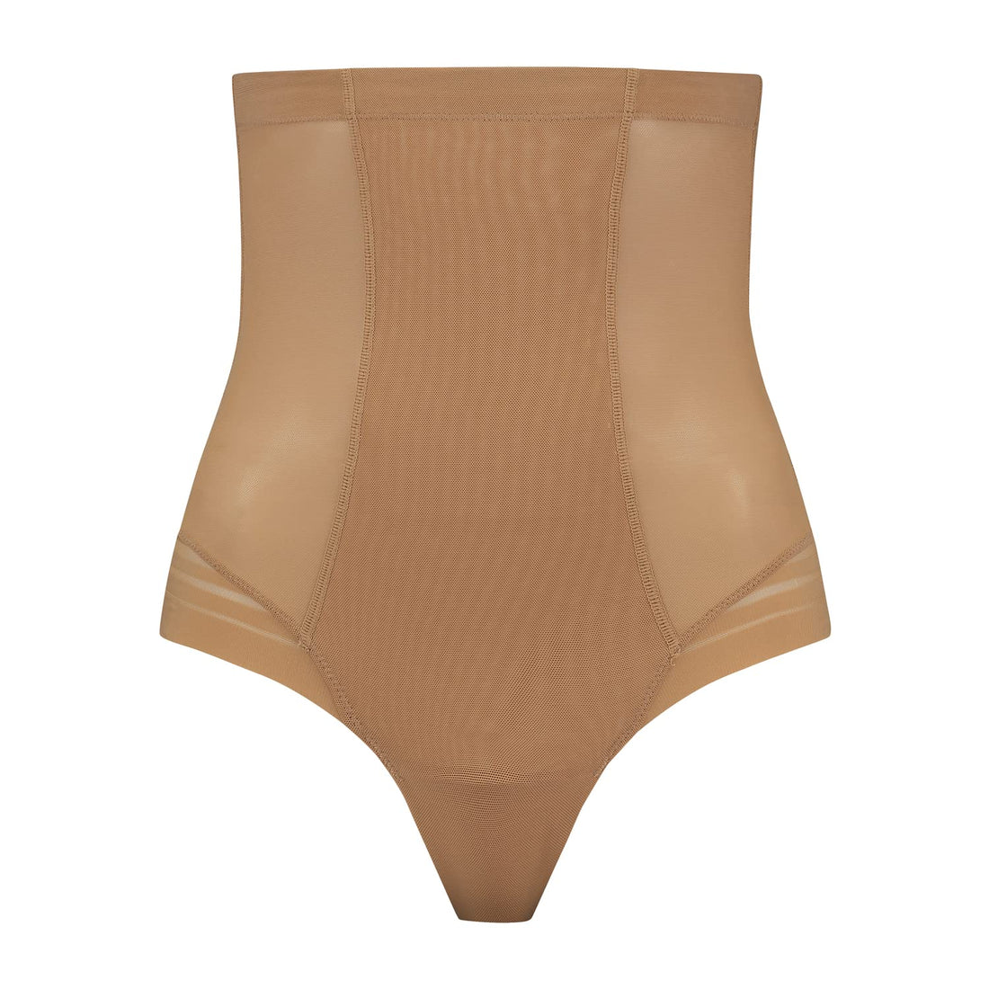Bye Bra Powermesh High Waist Thong, High Control, Double-Layer Front Panel, Cotton Crutch, Silicone Strap, Shapewear For Women, Powermesh Shapewear, Light Brown, S