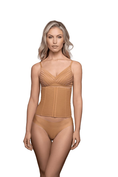 Bye Bra Powermesh Waist Trainer, High Control, Hook And Eye Lock, Transparent Look, Lightweight, Shapewear For Women, Powermesh Shapewear, Light Brown, L