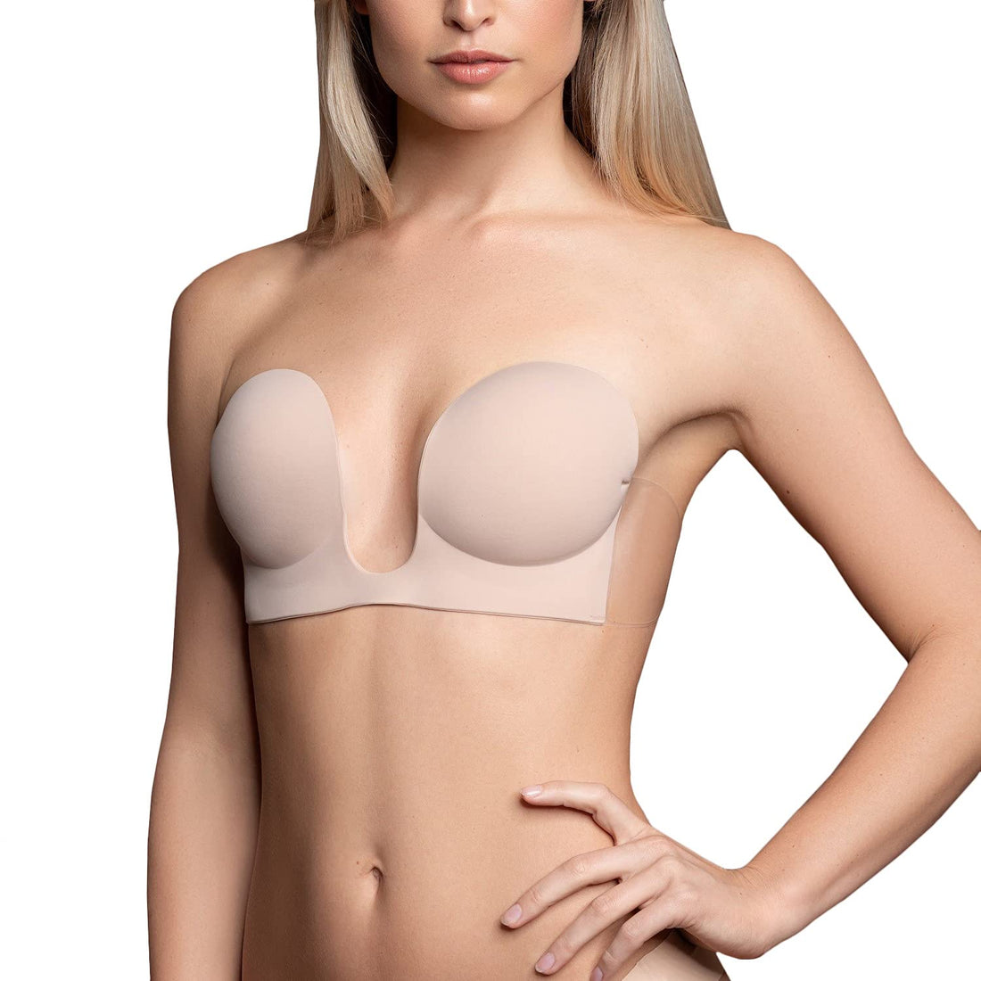 Bye Bra Seamless U-Style Bra, Invisible Adhesive Plunge Bra, Strapless and Backless, Push up Effect, for Deep V and Low Cut necklines, Nude and Black, A-E