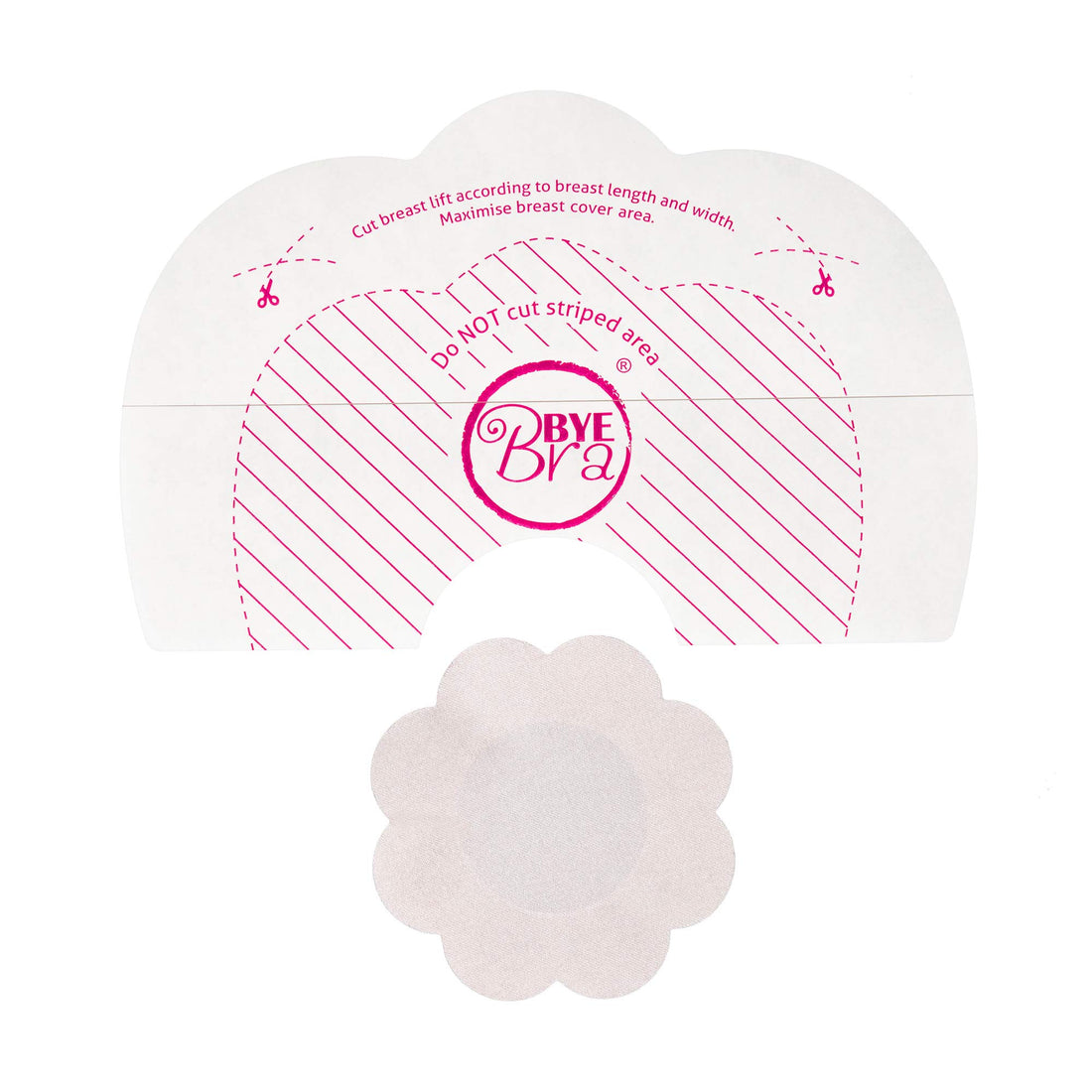 Bye Bra Adhesive Breast Lift Tapes, Bra Stickers, Boob Tape, Cleavage Enhancement - Size: F+ for Large Breast with Nude Silk Nipple Covers 3 Single-use Pairs